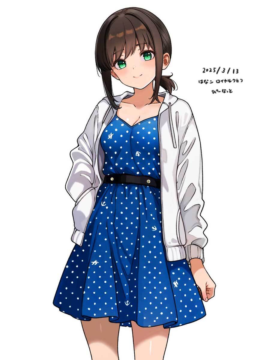 hanako (peanut), fubuki (kancolle), fubuki (spring) (kancolle), kantai collection, commentary request, highres, 1girl, belt, black hair, blue dress, blush, breasts, cleavage, collarbone, dated, dress, green eyes, hood, hooded jacket, hoodie, jacket, looking at viewer, low ponytail, official alternate costume, polka dot, polka dot dress, ponytail, short ponytail, smile, solo, white jacket