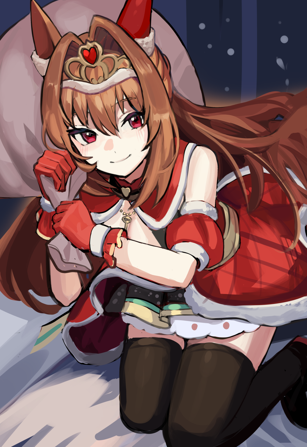 solokitsune, daiwa scarlet (scarlet nuit etoile) (umamusume), daiwa scarlet (umamusume), umamusume, commentary request, highres, 1girl, animal ears, arm garter, black thighhighs, blush, breasts, brown hair, christmas, closed mouth, dress, ear covers, fur-trimmed dress, fur-trimmed gloves, fur trim, gloves, hair between eyes, hair intakes, holding, holding sack, horse ears, horse girl, long hair, looking at viewer, official alternate costume, red dress, red eyes, red gloves, sack, santa costume, santa dress, smile, solo, thighhighs, tiara, very long hair