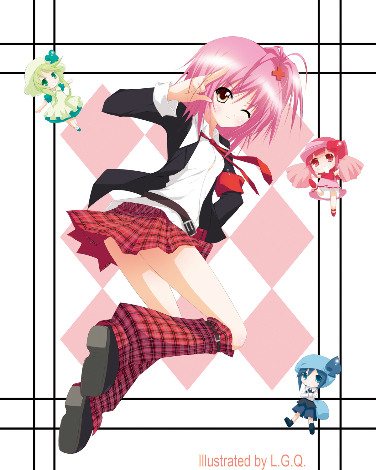 airast, hinamori amu, miki (shugo chara!), ran (shugo chara!), suu (shugo chara!), shugo chara!, plaid legwear, bad id, bad pixiv id, highres, 4girls, armband, belt, cheerleader, chibi, cross hair ornament, dress, hair ornament, hat, leg warmers, multiple girls, necktie, one eye closed, patterned legwear, pink hair, plaid clothes, plaid skirt, school uniform, short hair, skirt, wink, yellow eyes