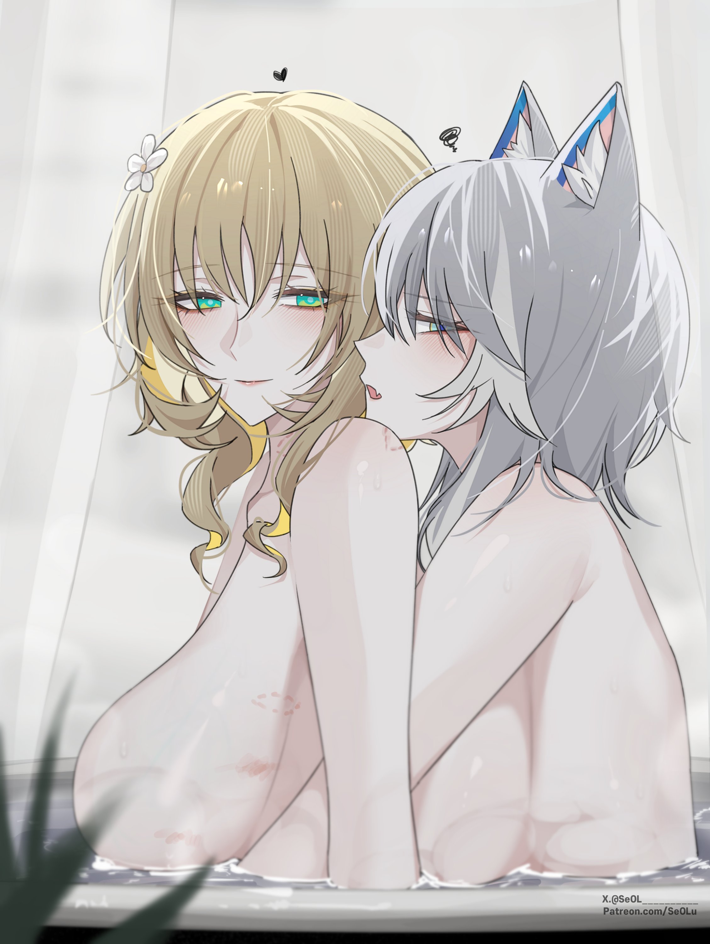 seol (baconontheclock), aglaea (honkai: star rail), cipher (honkai: star rail), honkai: star rail, honkai (series), absurdres, highres, 2girls, animal ear fluff, animal ears, blonde hair, breasts, cat ears, cat girl, completely nude, flower, green eyes, grey hair, hair flower, hair ornament, hug, hug from behind, large breasts, multiple girls, nude, partially submerged, patreon username, shared bathing, short hair, twitter username, yuri