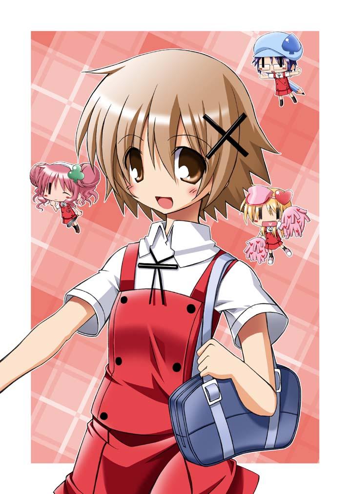 tako (all delete), tako (artist), hiro (hidamari sketch), miki (shugo chara!), miyako (hidamari sketch), ran (shugo chara!), sae (hidamari sketch), suu (shugo chara!), yuno (hidamari sketch), hidamari sketch, shugo chara!, jpeg artifacts, 4girls, aoki ume (style), blonde hair, blue hair, brown hair, clover, clubs, cosplay, double bun, egg beater, glasses, hair bun, hat, heart, miki (shugo chara!) (cosplay), multiple girls, parody, pencil, pink hair, pom pom (cheerleading), ran (shugo chara!) (cosplay), school uniform, short hair, spade, style parody, suu (shugo chara!) (cosplay), whisk, wooden pencil, yamabuki high school uniform