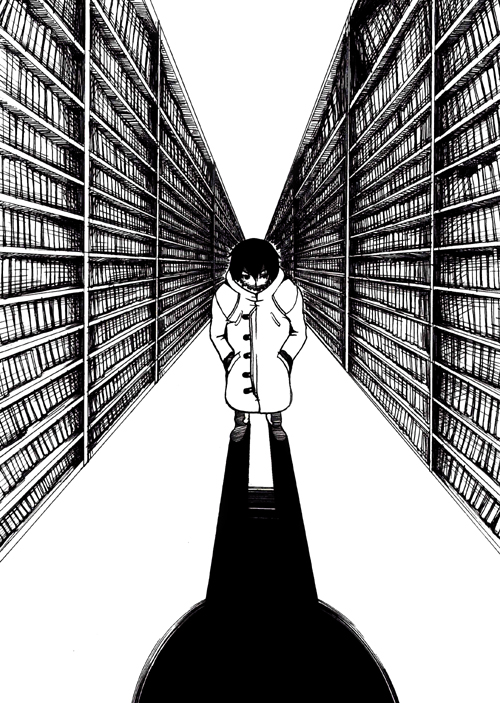 yajima yasuhiro, ghost in the shell, 1boy, book, coat, greyscale, laughing man (gits), library, male focus, monochrome, overcoat, shadow, solo