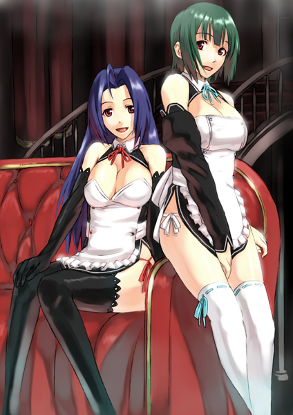 ganzyu i, futaba riho, miura azusa, otonashi kotori, rui (dream c club), dream c club, dream c club (series), idolmaster, idolmaster (classic), bad id, bad pixiv id, 2girls, ahoge, blue hair, breasts, brown eyes, cleavage, cosplay, couch, detached sleeves, elbow gloves, futaba riho (cosplay), gloves, green hair, large breasts, multiple girls, panties, rui (dream c club) (cosplay), side-tie panties, sitting, stairs, thighhighs, underwear, waitress