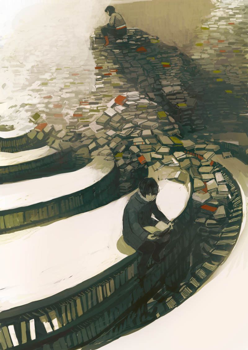 chiizu sakiika, aoi (gits), kusanagi motoko, ghost in the shell, ghost in the shell: stand alone complex, red footwear, 00s, 1boy, 1girl, black hair, book, boots, coat, cyborg, laughing man (gits), library, open book, pile of books, reading, shelf, sitting, too many, too many books