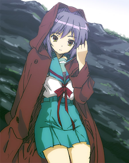 shiki16n, nagato yuki, suzumiya haruhi no yuuutsu, bad id, bad pixiv id, 00s, brown eyes, coat, purple hair, school uniform, serafuku, short hair, skirt, solo