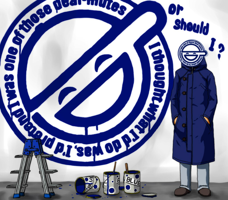 marimo (naiveram), aoi (gits), ghost in the shell, ghost in the shell: stand alone complex, 00s, 1boy, coat, ladder, laughing man (gits), logo, male focus, overcoat, paint, solo