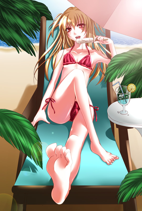 hacka, shidou mariya, maria holic, bad id, bad pixiv id, 00s, 1boy, androgynous, barefoot, beach, bikini, blonde hair, bulge, cameltoe, crossdressing, crossdressing (mtf), crossed legs, day, drink, feet, food, foot focus, licking, long hair, long legs, male focus, mole, mole under eye, outdoors, popsicle, red bikini, red eyes, side-tie bikini bottom, sitting, skinny, solo, swimsuit, trap