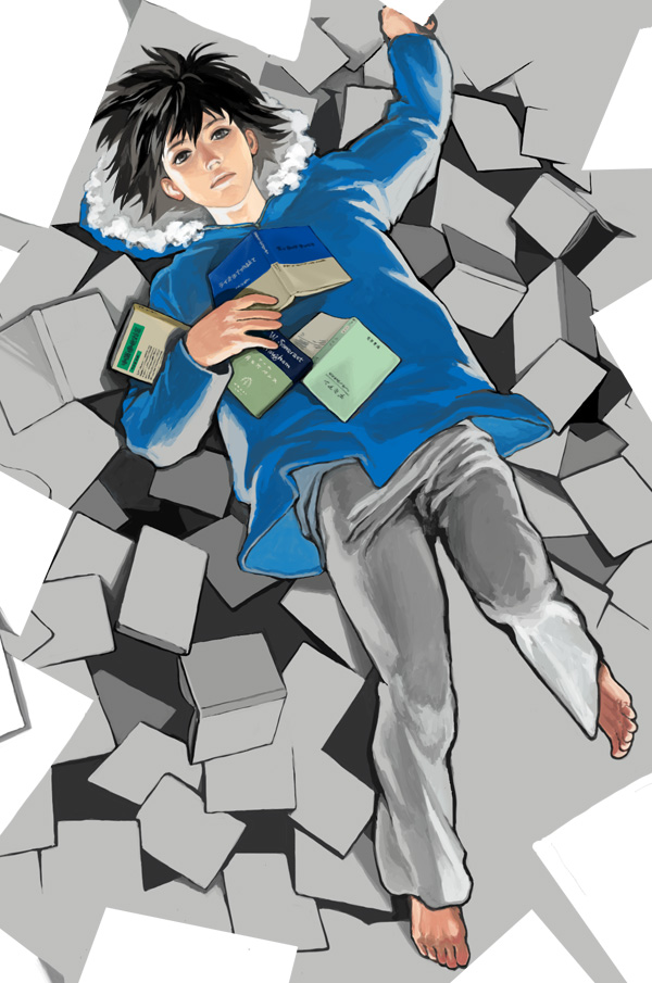 hush a bye baby, aoi (gits), ghost in the shell, ghost in the shell: stand alone complex, 00s, 1boy, barefoot, black hair, blue shirt, book, child, cyborg, laughing man (gits), lying, male focus, on back, shirt, solo