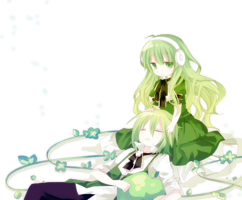 aruya (flosrota), midori-nanoko, apple inc., bad id, bad pixiv id, 1boy, 1girl, apple, dual persona, food, fruit, green eyes, green hair, ipod, ipod nano, ipod nano 4g, mp3 player, product girl