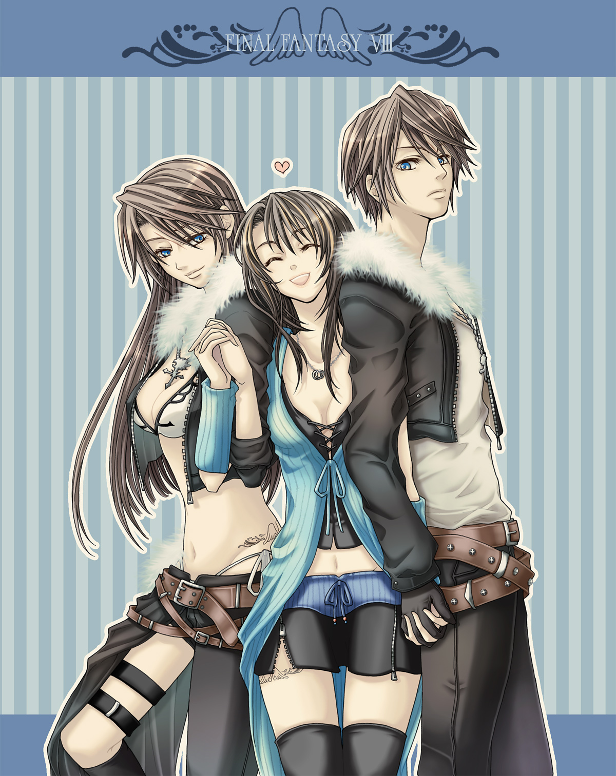 tsutsuji maki, rinoa heartilly, squall leonhart, final fantasy, final fantasy viii, highres, 1990s (style), 2girls, belt, blue eyes, breasts, brown hair, cleavage, closed eyes, copyright name, dual persona, genderswap, genderswap (mtf), gloves, half-skirt, happy, heart, holding hands, jacket, jewelry, long hair, medium breasts, midriff, multiple girls, navel, necklace, open mouth, scar, short hair, shorts, skirt, smile, tattoo, thigh strap, thighhighs, time paradox