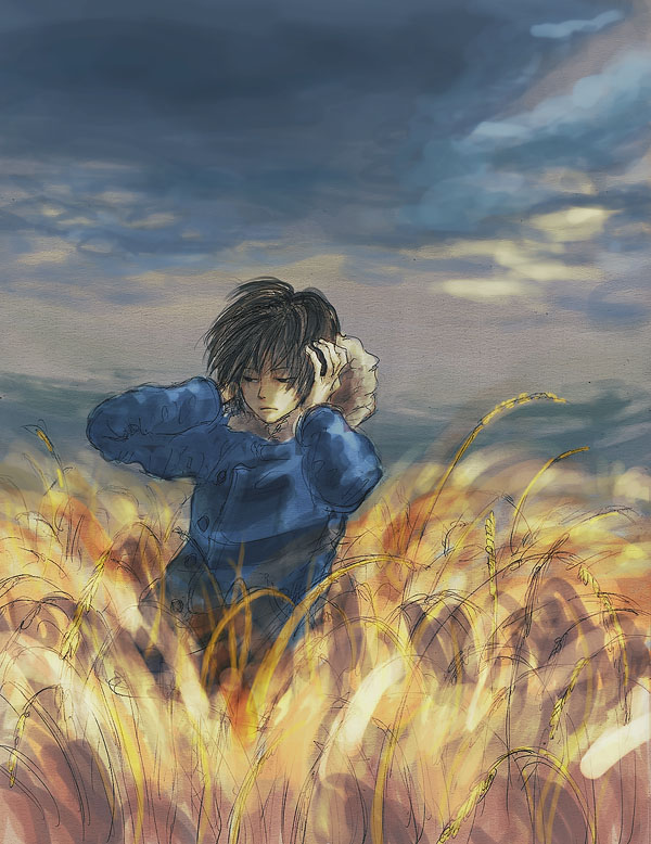 inoco (rodom), aoi (gits), ghost in the shell, ghost in the shell: stand alone complex, 00s, cloud, evening, field, laughing man (gits), outdoors, solo