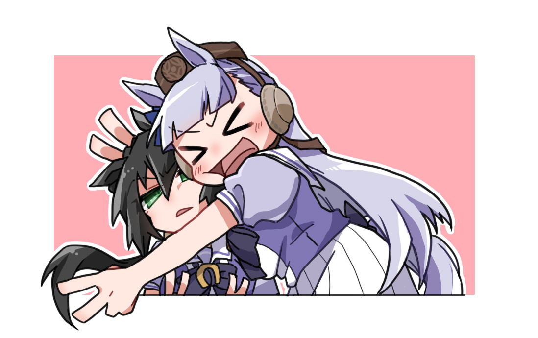 beer hsk, gold ship (umamusume), kin'iro ryotei (umamusume), umamusume, commentary request, > <, 2girls, :d, animal ears, black hair, bow, breasts, brown hat, bunny ears prank, closed eyes, ear covers, green eyes, grey hair, hair between eyes, hat, horse ears, horse girl, horse tail, long hair, low ponytail, medium breasts, mini hat, multiple girls, open mouth, outline, parted lips, pink background, pleated skirt, ponytail, puffy short sleeves, puffy sleeves, purple bow, purple shirt, school uniform, shirt, short sleeves, skirt, smile, tail, tracen school uniform, very long hair, white outline, white skirt, xd