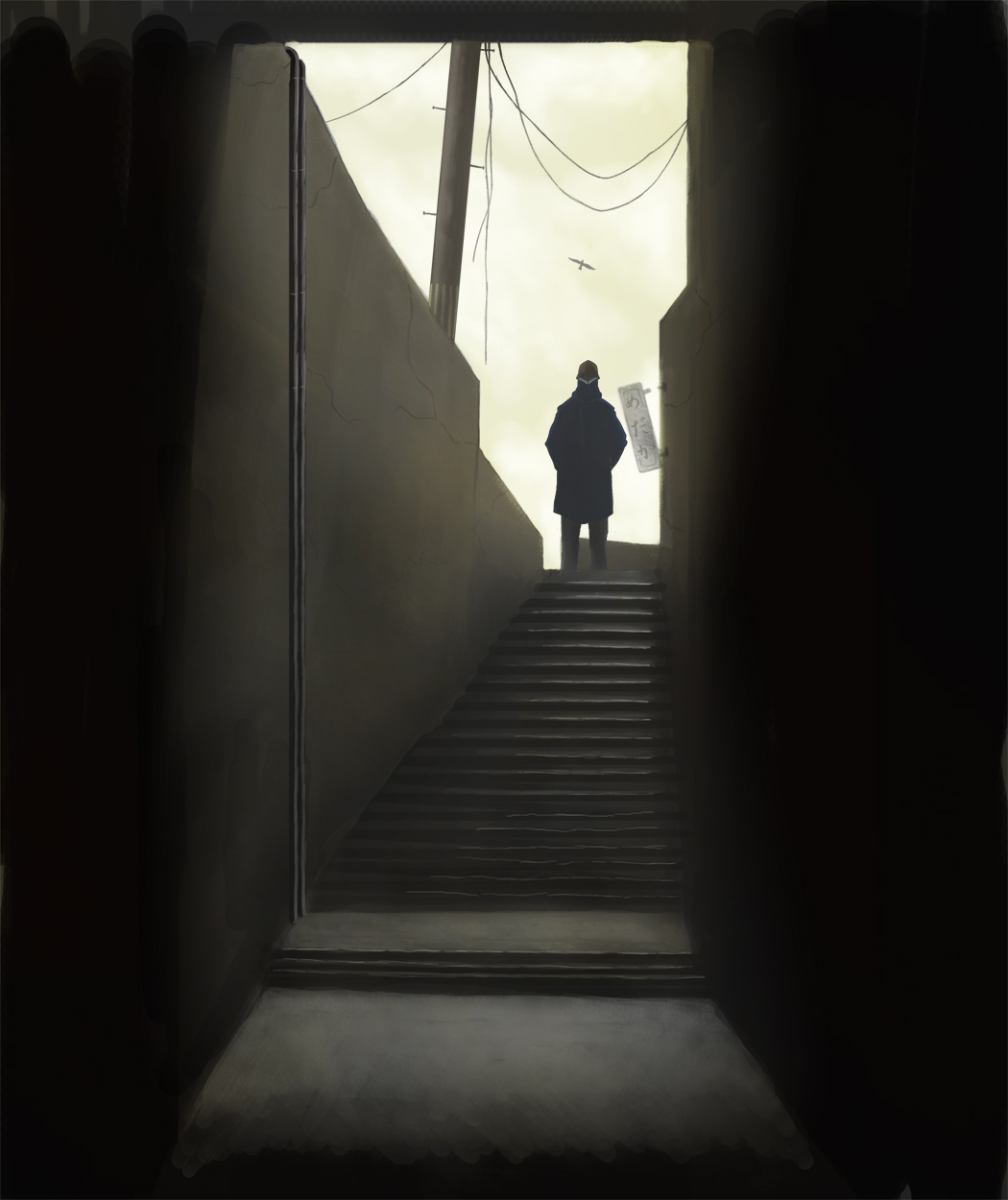 yellow-zon, aoi (gits), ghost in the shell, ghost in the shell: stand alone complex, highres, 00s, 1boy, dark, laughing man (gits), male focus, power lines, sign, solo, stairs, sunlight, utility pole