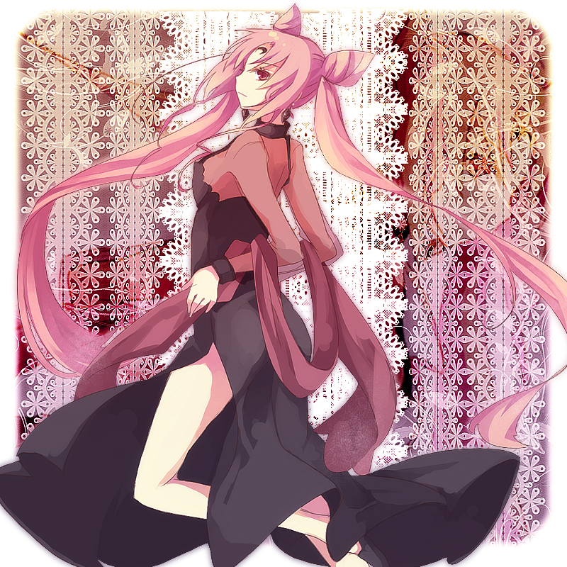 aruya (flosrota), black lady (sailor moon), chibi usa, bishoujo senshi sailor moon, bishoujo senshi sailor moon r, bad id, bad pixiv id, 1990s (style), 1girl, aged up, cone hair bun, crescent, crescent facial mark, double bun, earrings, facial mark, female focus, forehead mark, hair bun, jewelry, long hair, pink hair, red eyes, retro artstyle, side slit, solo, twintails, very long hair