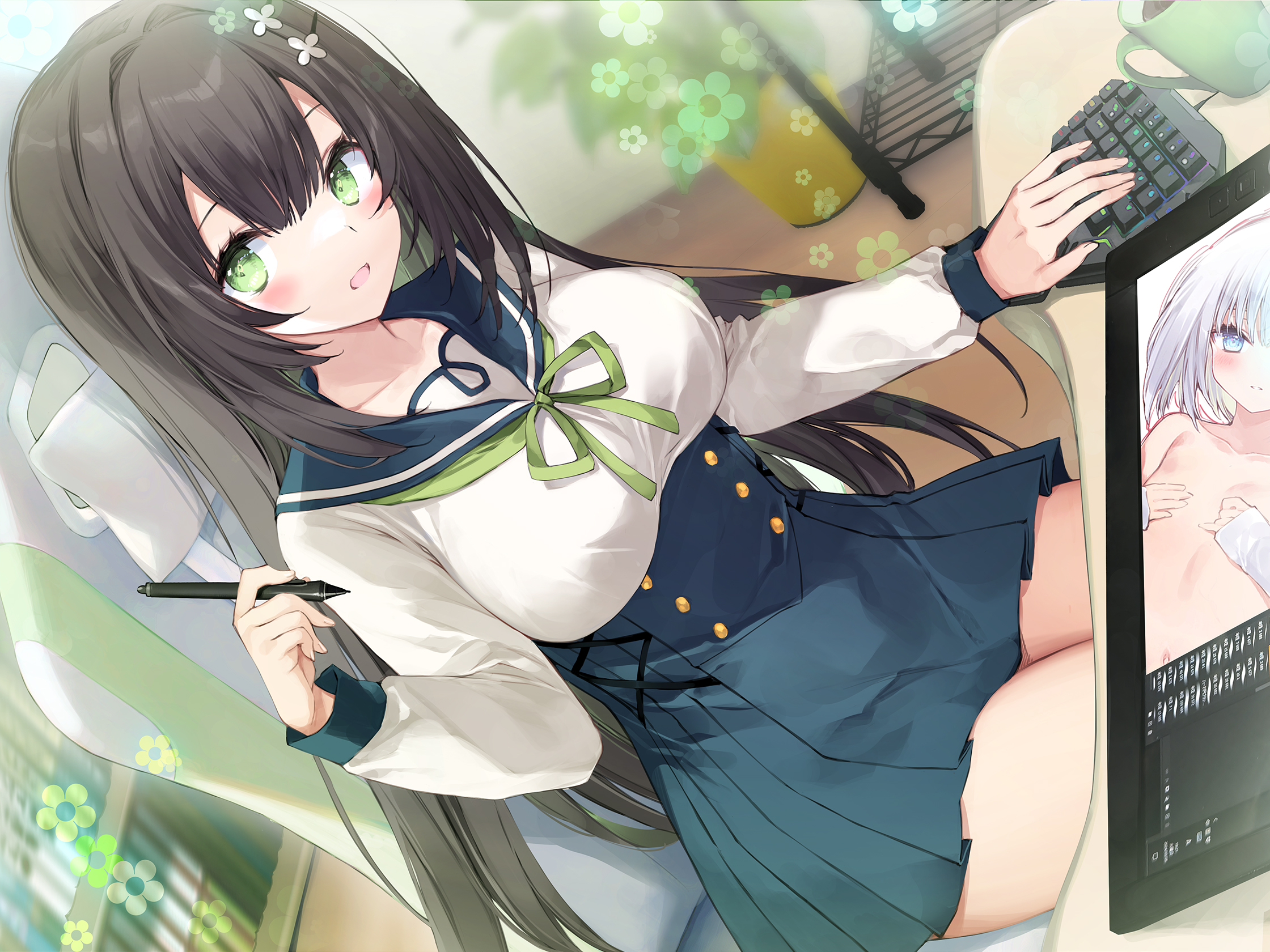 satsuki misuzu, original, highres, 2girls, black hair, blue eyes, blue sailor collar, blue skirt, blush, bookshelf, breasts, chair, collarbone, completely nude, cup, drawing tablet, dutch angle, flower, green eyes, grey hair, holding, holding stylus, indoors, large breasts, long hair, long sleeves, looking at viewer, multiple girls, no bra, nude, open mouth, plant, potted plant, sailor collar, school uniform, shelf, shirt, sidelocks, sitting, skirt, solo, stylus, swivel chair, thighs, very long hair, white shirt
