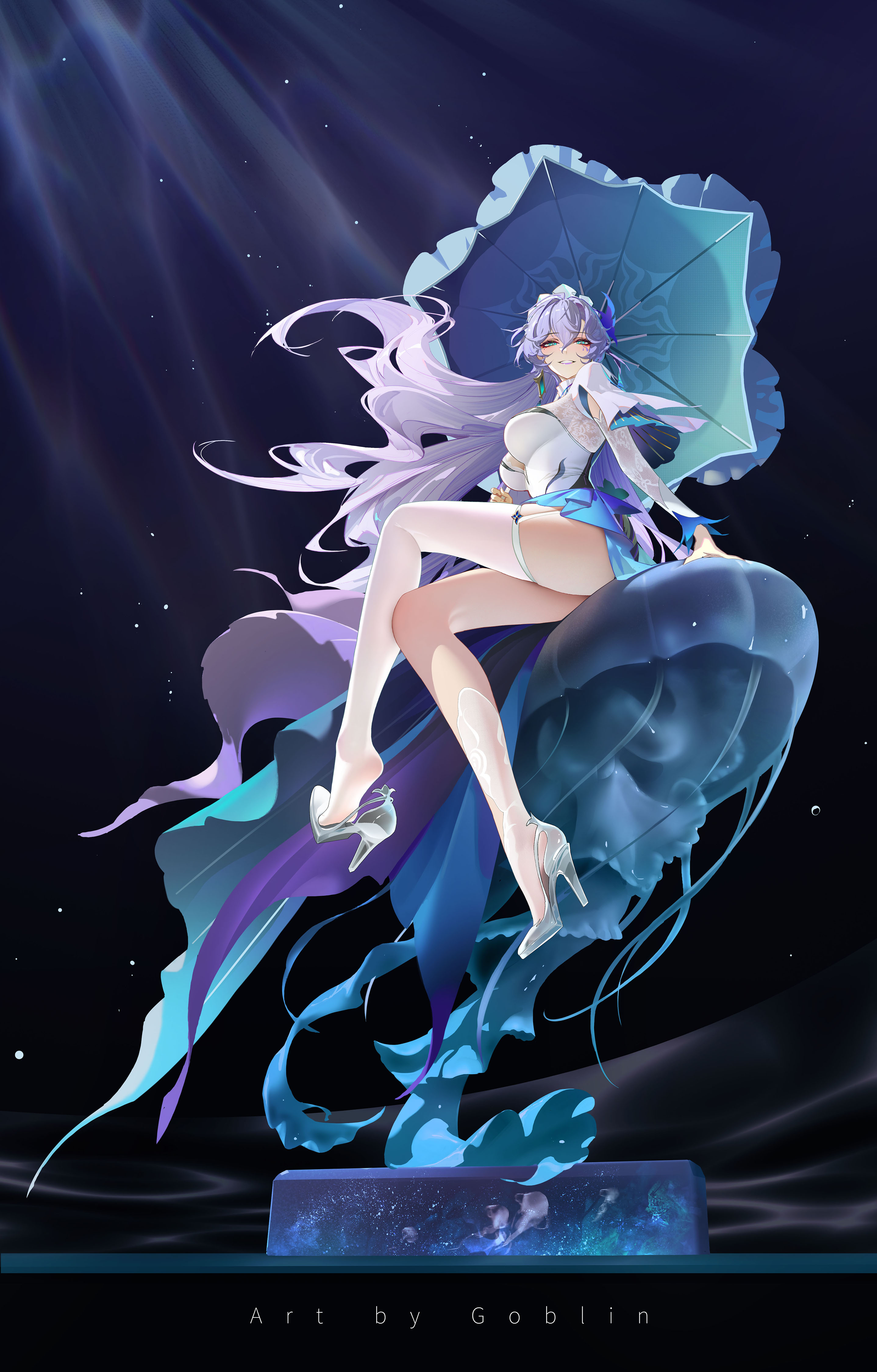 mr goblin, cantarella (wuthering waves), wuthering waves, absurdres, commentary, highres, revision, 1girl, artist name, asymmetrical legwear, blue eyes, blue umbrella, breasts, dress, facial mark, hair between eyes, high heels, holding, holding umbrella, large breasts, long hair, looking at viewer, mark under eye, parted lips, purple hair, shoes, shrug (clothing), single thighhigh, sitting, smile, socks, solo, thighhighs, thighs, umbrella, uneven legwear, white dress, white shoes, white shrug, white socks, white thighhighs