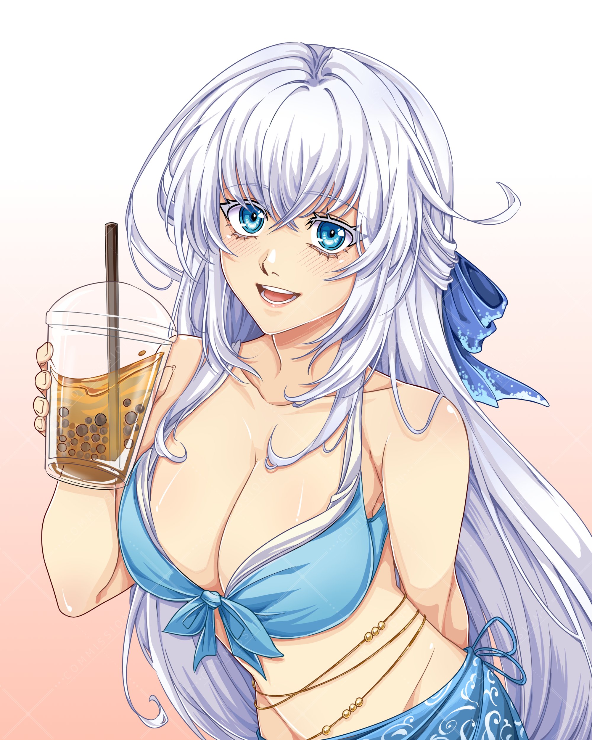 yuzukiyo, shizuna rem misurugi, eiyuu densetsu, kuro no kiseki (series), absurdres, commentary, commission, english commentary, highres, 1girl, arm behind back, bare shoulders, bikini, blue bikini, blue eyes, breasts, bubble tea, cleavage, collarbone, crossed bangs, cup, disposable cup, double-parted bangs, drink, front-tie bikini top, front-tie top, gradient background, hair between eyes, half updo, holding, holding cup, holding drink, large breasts, long hair, looking at viewer, open mouth, sidelocks, smile, solo, swimsuit, upper body, white background
