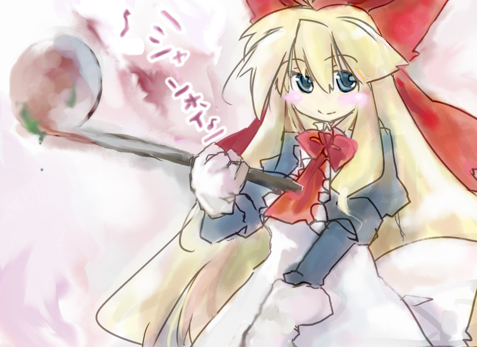 beru, shanghai doll, touhou, translation request, 1girl, apron, blonde hair, blue eyes, blush stickers, bow, faux traditional media, female focus, hair bow, ladle, long hair, ribbon, smile, solo, speed painting, very long hair