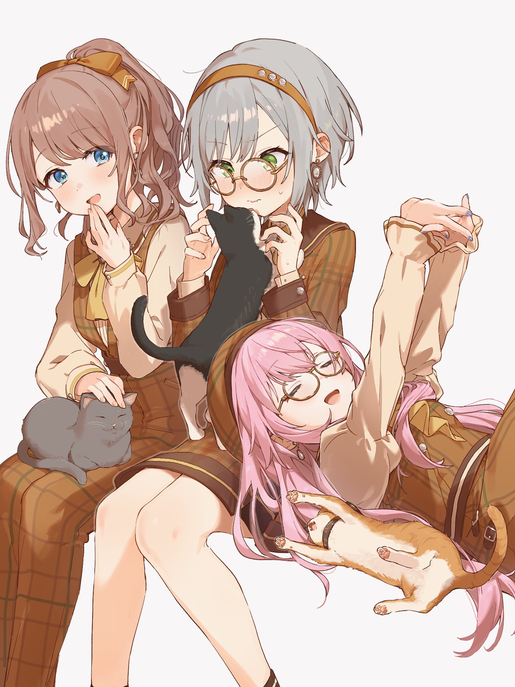tuxedo cat, uminokaisen, hinomori shiho, leo/need luka, megurine luka, mochizuki honami, project sekai, vocaloid, highres, 3girls, animal, animal on lap, bare legs, beret, bespectacled, blue eyes, blush, bow, bowtie, british shorthair, brooch, brown-framed eyewear, brown bow, brown bowtie, brown dress, brown hair, brown hairband, brown pants, brown shirt, brown vest, cat, cat on lap, closed eyes, dragon li cat, dress, earrings, gem, glasses, green eyes, grey hair, hair bow, hairband, hand up, hands up, happy enjoy music! (project sekai), hat, jewelry, long hair, long sleeves, lying, medium hair, multiple girls, nose blush, official alternate costume, official alternate hairstyle, on back, on lap, open mouth, outstretched arm, pants, petting, pink hair, plaid clothes, plaid dress, plaid hat, plaid pants, plaid vest, shirt, short hair, smile, stretching, sweatdrop, vest, white gemstone