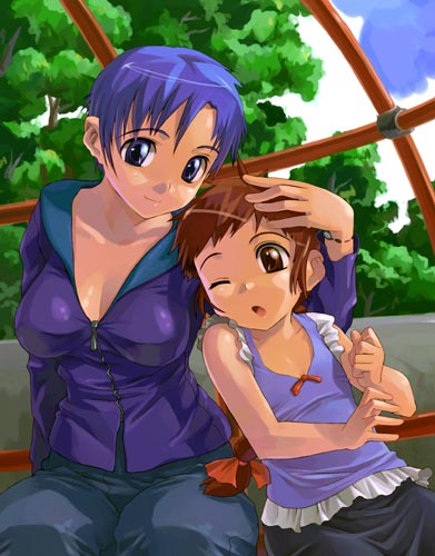 satou toshiyuki, original, lowres, 2girls, age difference, blue hair, blush, breasts, brown hair, casual, child, cleavage, denim, jeans, large breasts, long hair, mature female, mother and daughter, multiple girls, pants, purple hair, size difference, smile