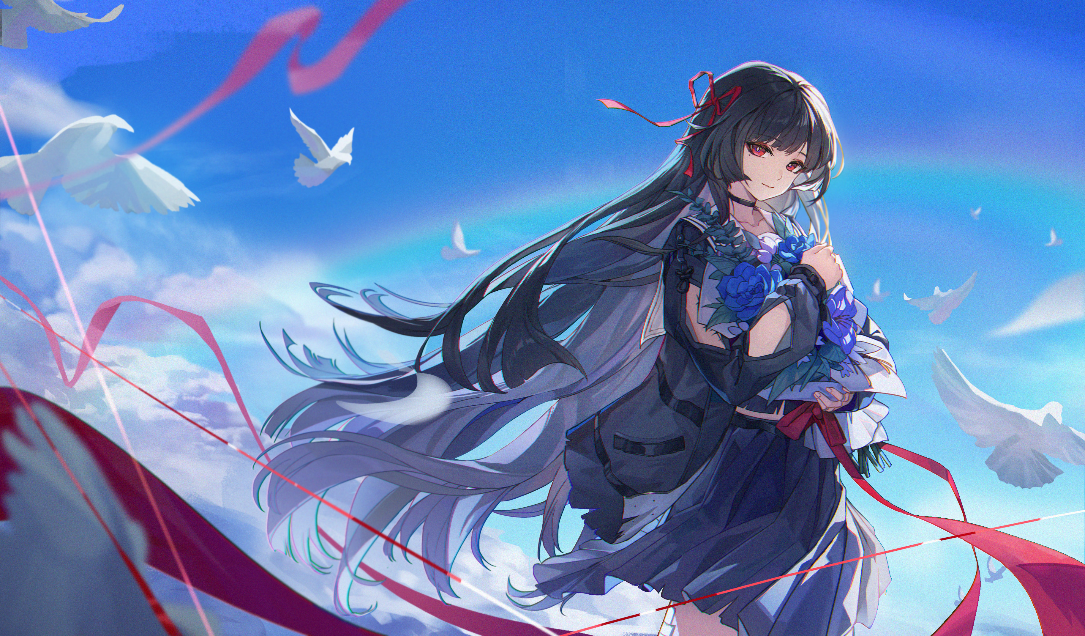 chisa (wuthering waves), wuthering waves, absurdres, chinese commentary, commentary request, highres, 1girl, arm cutout, black choker, black hair, black jacket, black skirt, blue sky, bouquet, bright pupils, choker, closed mouth, clothing cutout, collarbone, cowboy shot, day, du xi abc, flower, hair ribbon, holding, holding bouquet, jacket, long hair, long sleeves, looking at viewer, outdoors, red eyes, red ribbon, ribbon, sailor collar, skirt, sky, smile, solo, very long hair, white pupils, white sailor collar