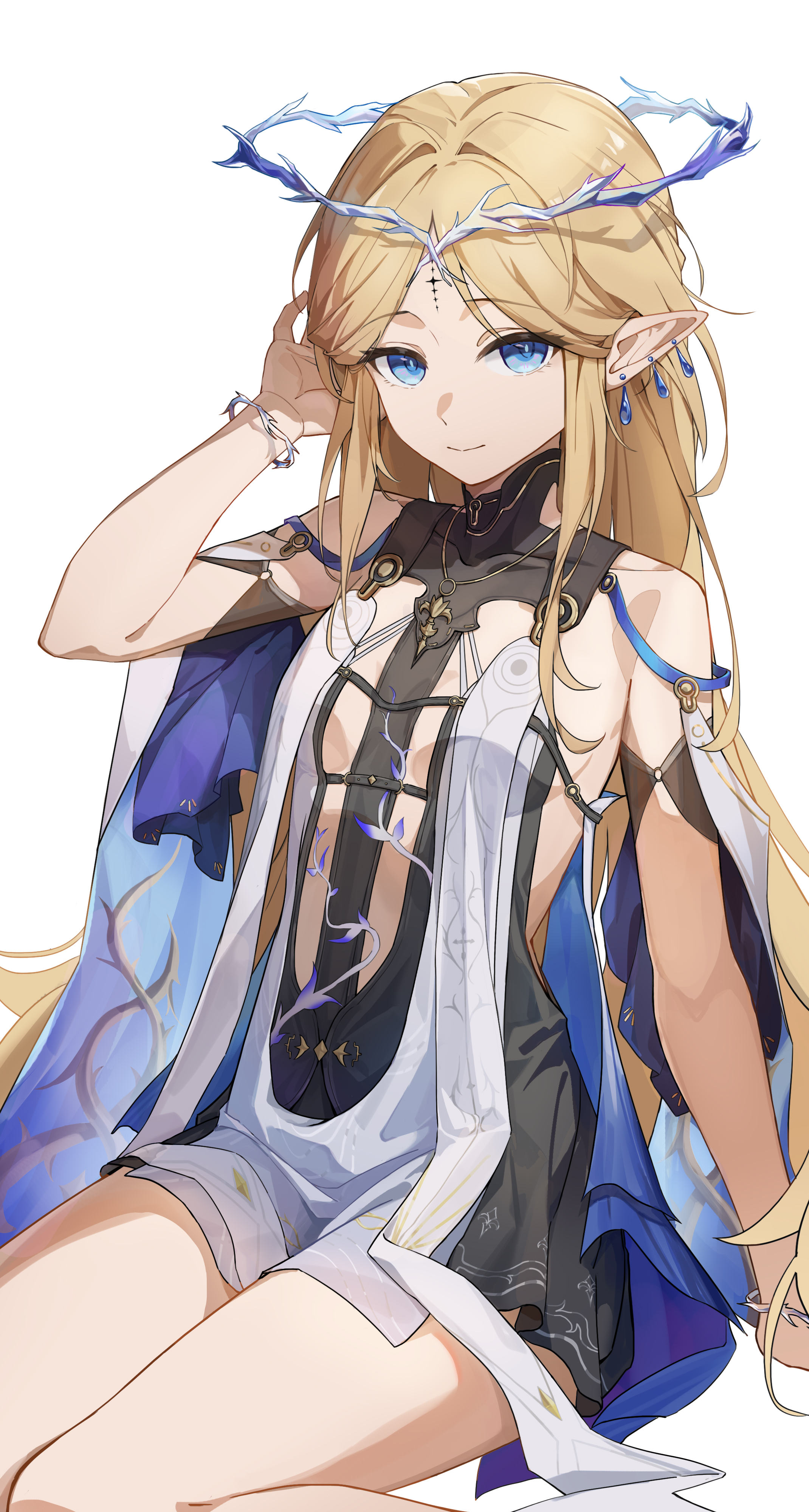 cartethyia (wuthering waves), wuthering waves, absurdres, chinese commentary, commentary request, highres, 1girl, arm support, bare shoulders, black dress, blonde hair, blue eyes, breasts, closed mouth, crown of thorns, dress, du xi abc, earrings, fleur-de-lis, hand up, jewelry, long hair, looking at viewer, multiple earrings, necklace, parted bangs, pointy ears, sidelocks, simple background, sitting, small breasts, smile, solo, tabard, tacet mark (wuthering waves), thighs, very long hair, white background, white tabard