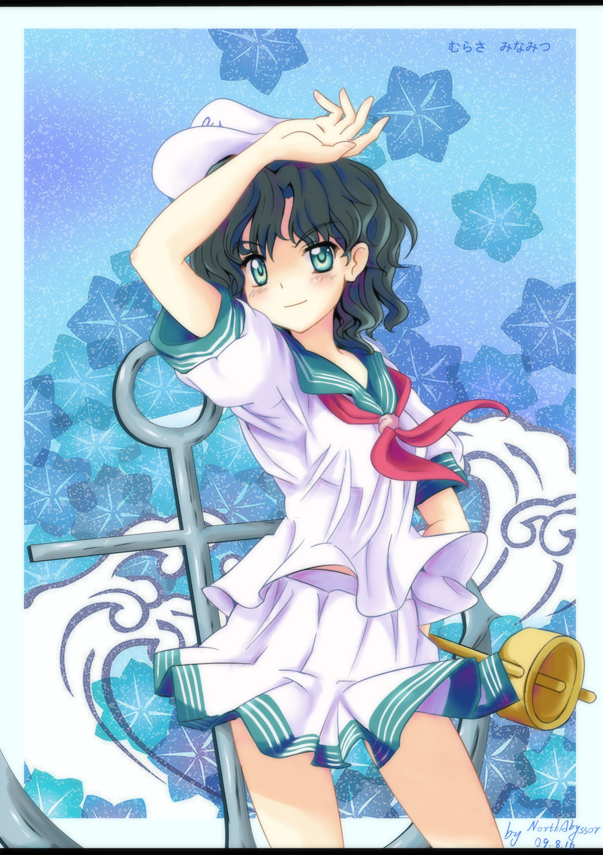 north abyssor, murasa minamitsu, touhou, highres, 1girl, anchor, black hair, blue eyes, curly hair, female focus, ghost, hat, hishaku, ladle, sailor, sailor collar, sailor hat, school uniform, short hair, skirt, solo