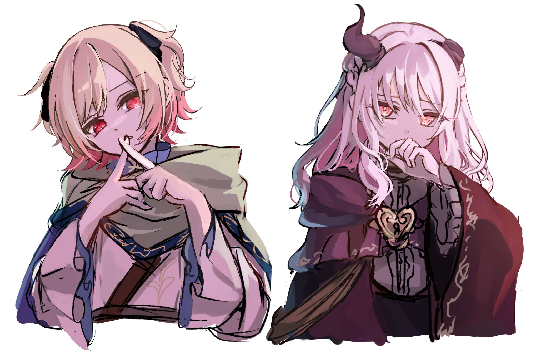 rimu 1112, akiyama mizuki, tenma saki, boku no ashiato kimi no yukusaki (project sekai), project sekai, commentary, highres, 1girl, 1other, aogu yozora ni hoshi wa magirete (project sekai), blonde hair, braid, broken horn, cape, center frills, closed mouth, covering own mouth, cropped torso, demon horns, frilled sleeves, frills, gradient hair, green cape, grey shirt, half up braid, hand over own mouth, horns, long hair, long sleeves, looking at viewer, medium hair, multicolored hair, official alternate costume, official alternate hair length, official alternate hairstyle, parted lips, pink hair, red eyes, shirt, simple background, three-quarter sleeves, two side up, white background, white hair, x fingers