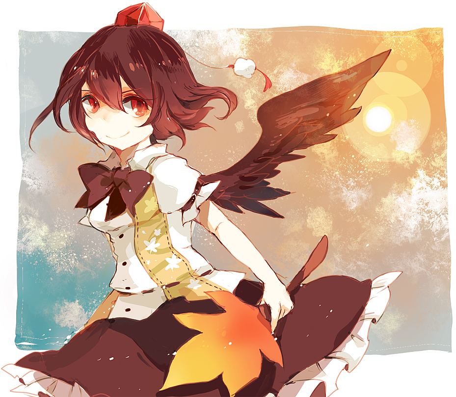 az, azuma aya, shameimaru aya, touhou, 1girl, black wings, brown hair, female focus, hand fan, hat, red eyes, short hair, smile, solo, standing, tokin hat, wings