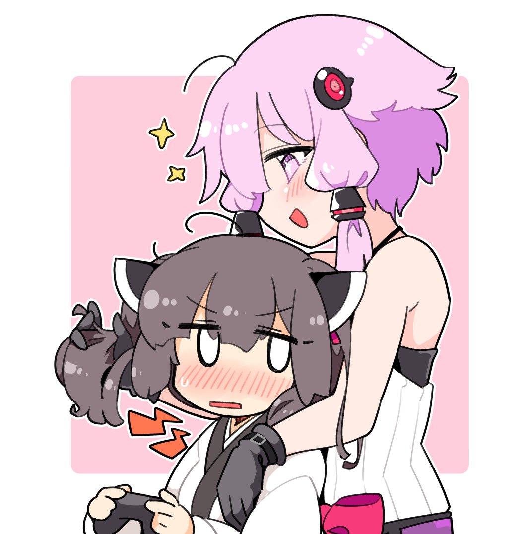 ini (inunabe00), touhoku kiritan, yuzuki yukari, vocaloid, voiceroid, 0 0, 2girls, bare shoulders, black gloves, blunt bangs, blush, border, brown hair, controller, game controller, gloves, headgear, holding, holding controller, holding game controller, japanese clothes, jitome, kimono, looking at another, multiple girls, open mouth, outline, outside border, pink eyes, purple hair, shirt, short hair, short hair with long locks, simple background, sleeveless, sleeveless shirt, sparkle, striped clothes, striped shirt, upper body, v-shaped eyebrows, vertical-striped clothes, vertical-striped shirt, white border, white kimono, white outline, white shirt