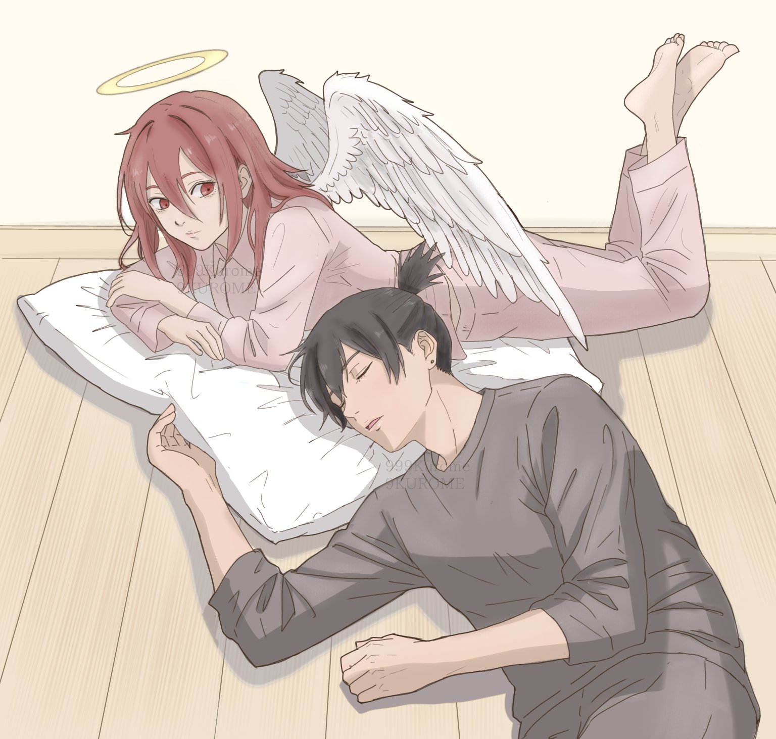 angel devil (chainsaw man), hayakawa aki, chainsaw man, commentary request, highres, 2boys, 999kurome, alternate costume, barefoot, black hair, closed eyes, closed mouth, collared shirt, crew neck, crossed ankles, double-parted bangs, grey shirt, hair between eyes, long sleeves, looking to the side, lying, male focus, medium hair, multiple boys, on side, on stomach, pajamas, pants, parted lips, pillow, pink pajamas, ponytail, red eyes, red hair, shirt, short ponytail, sideways glance, sleeping, wooden floor