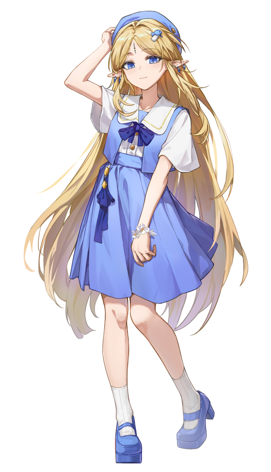 cartethyia (wuthering waves), wuthering waves, chinese commentary, commentary request, highres, 1girl, alternate costume, arm up, blonde hair, blue bow, blue bowtie, blue eyes, blue hat, blue jacket, blue shoes, blue skirt, bow, bowtie, closed mouth, du xi abc, earrings, full body, hat, jacket, jewelry, long hair, looking at viewer, multiple earrings, parted bangs, pointy ears, shirt, shoes, simple background, skirt, sleeveless, sleeveless jacket, smile, socks, solo, tacet mark (wuthering waves), tachi-e, very long hair, white background, white shirt, white socks