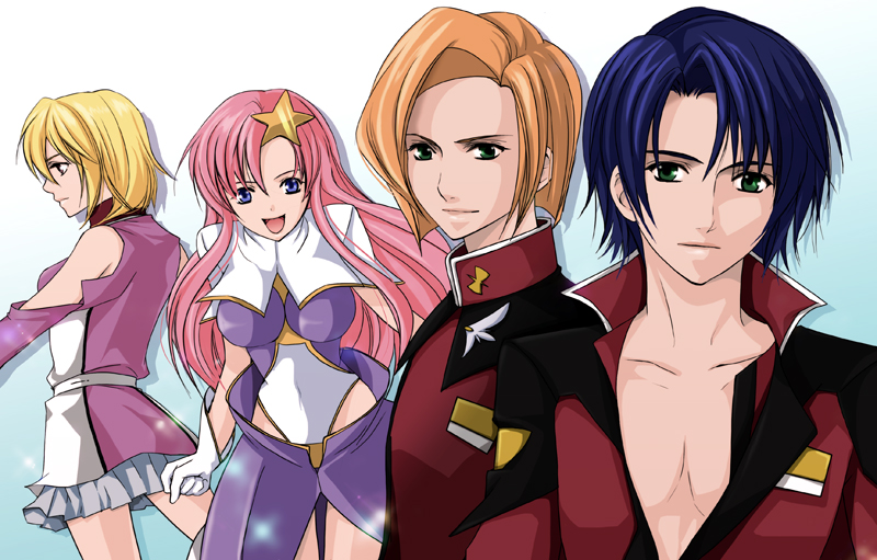 dcvermeer, athrun zala, heine westenfluss, meer campbell, stellar loussier, gundam, gundam seed, gundam seed destiny, bad id, bad pixiv id, 00s, 2boys, 2girls, blonde hair, blue eyes, blue hair, breasts, brown hair, gloves, green eyes, hair ornament, impossible clothes, impossible shirt, leotard, long hair, military, military uniform, multiple boys, multiple girls, open clothes, open shirt, orange hair, pink hair, shirt, short hair, skirt, star (symbol), star hair ornament, white gloves