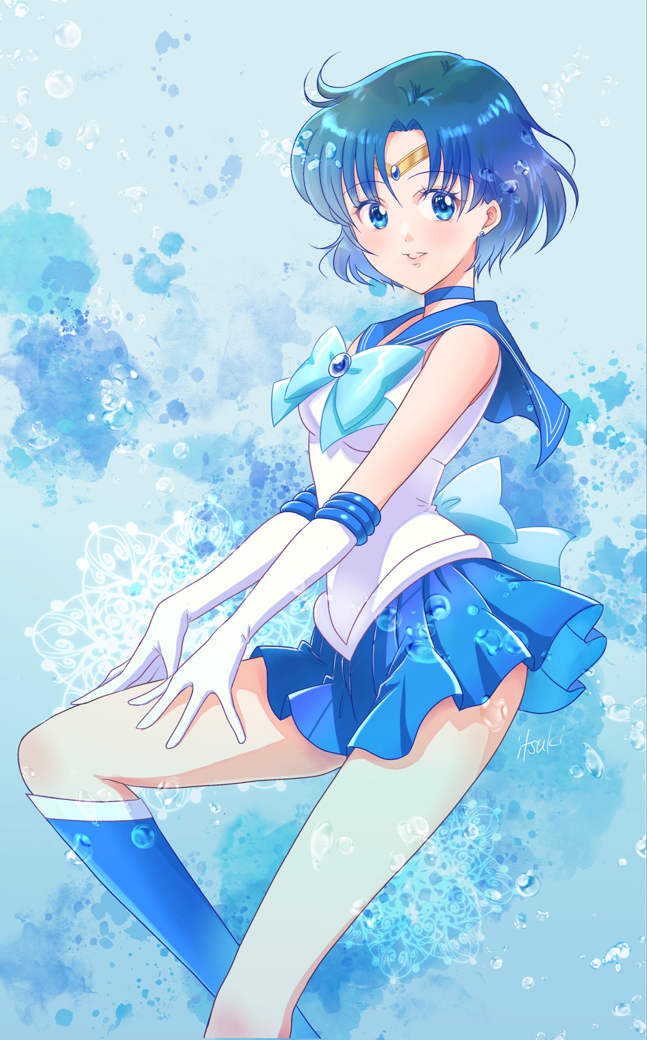 shiiba itsuki, mizuno ami, sailor mercury, bishoujo senshi sailor moon, commentary, highres, symbol-only commentary, 1girl, back bow, blue background, blue choker, blue eyes, blue hair, blue sailor collar, blue skirt, boots, bow, breasts, choker, clover background, cowboy shot, earrings, elbow gloves, gloves, jewelry, magical girl, sailor collar, sailor senshi uniform, short hair, skirt, smile, solo, tiara, white gloves