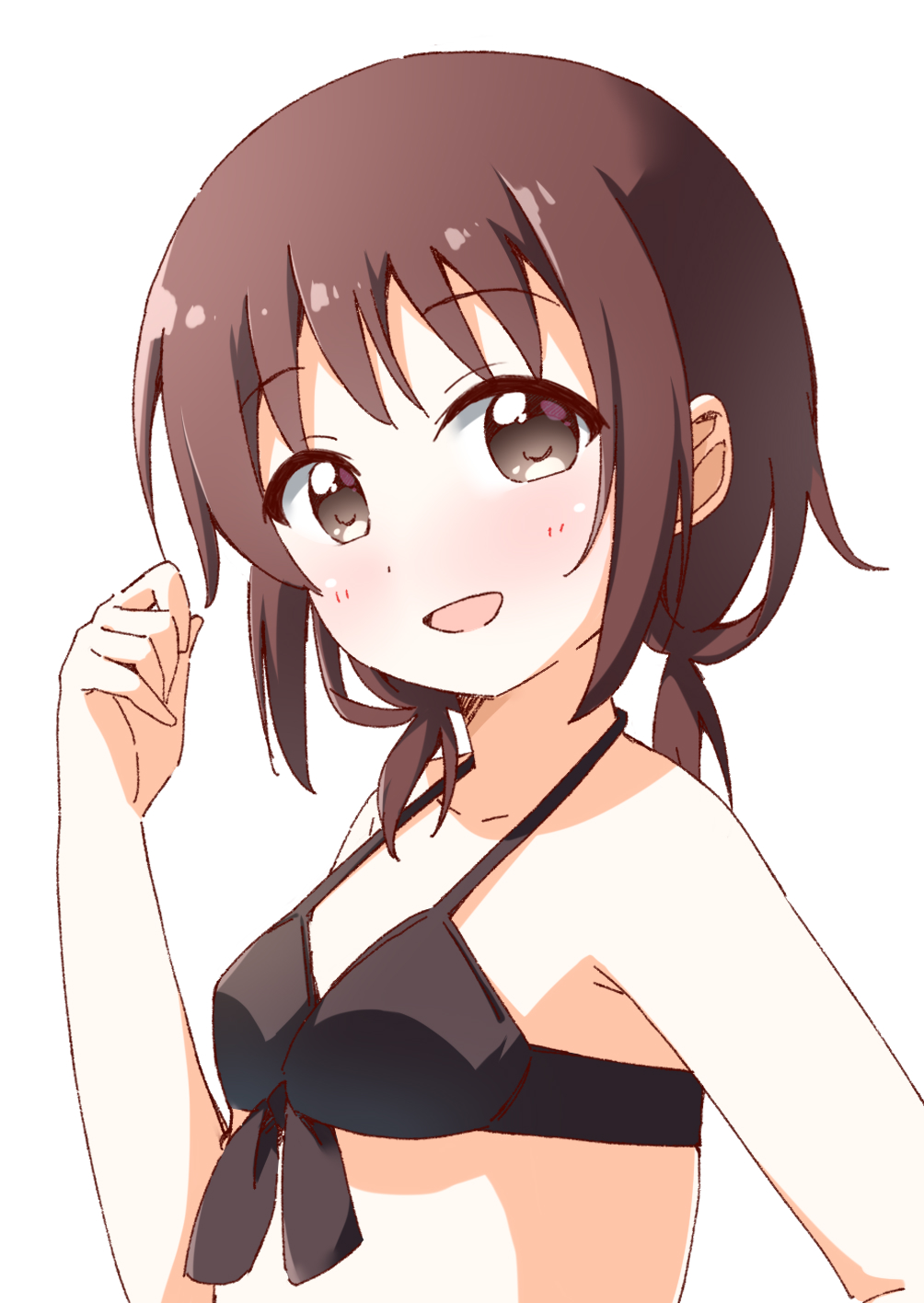 haru (konomi 150), funami yui, yuruyuri, commentary, highres, 1girl, :d, bikini, black bikini, blush, breasts, brown eyes, brown hair, collarbone, dot nose, hand up, long hair, looking at viewer, open mouth, simple background, small breasts, smile, solo, swimsuit, upper body, white background