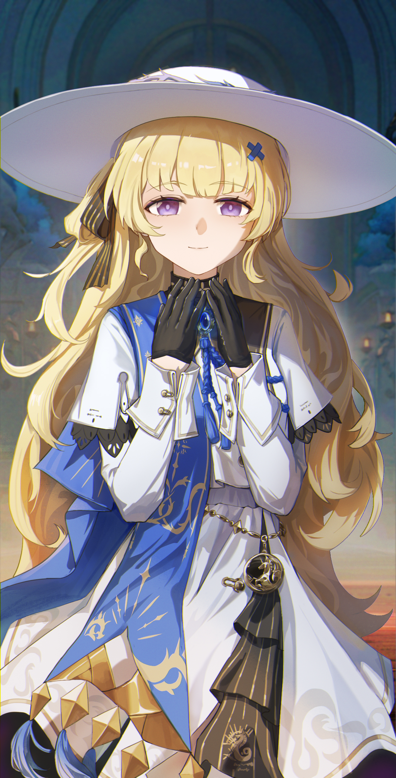 phoebe (wuthering waves), wuthering waves, absurdres, chinese commentary, commentary request, highres, 1girl, black gloves, blonde hair, blue sash, closed mouth, cowboy shot, du xi abc, gloves, hair ornament, hands up, hat, long hair, long sleeves, looking at viewer, purple eyes, sash, shirt, skirt, smile, solo, very long hair, white hat, white shirt, white skirt, x hair ornament