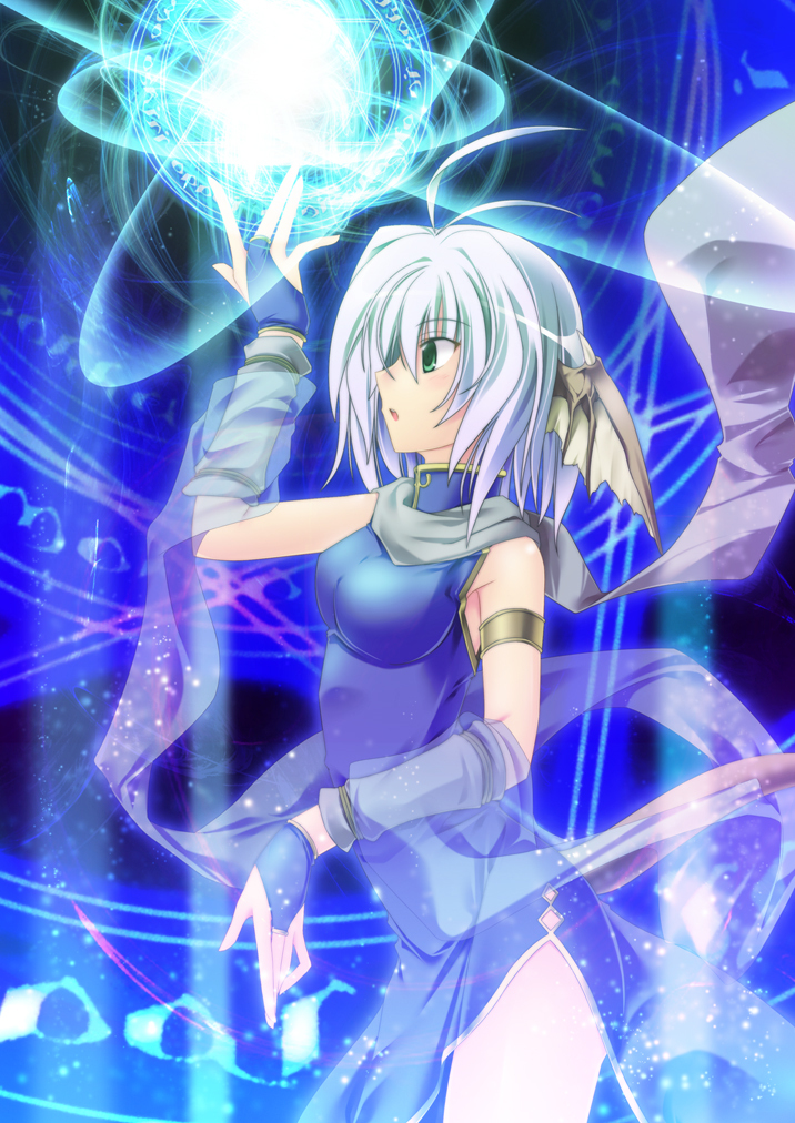 sakurame, original, bad id, bad pixiv id, animal ears, blue hair, china dress, chinese clothes, dress, head wings, magic, magic circle, scarf, side slit, solo, wings