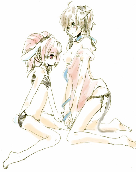 nari, anya alstreim, kururugi suzaku, suzako, code geass, light, bad id, bad pixiv id, 00s, 2girls, animal ears, barefoot, bra, braid, brown hair, cat ears, cat tail, censored, convenient censoring, feet, flat chest, genderswap, genderswap (mtf), green eyes, kneeling, lingerie, multiple girls, panties, pink hair, rabbit ears, rabbit tail, red eyes, short hair, sketch, soles, striped bra, striped clothes, striped panties, tail, underwear