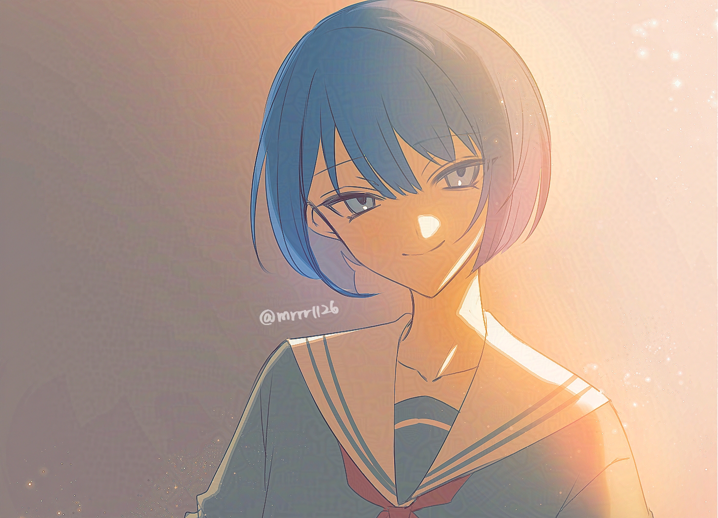 hatori naco, kiritani haruka, project sekai, commentary, symbol-only commentary, 1girl, blue eyes, blue hair, bob cut, closed mouth, collarbone, grey shirt, hair between eyes, light particles, looking at viewer, miyamasuzaka girls' academy school uniform, neckerchief, red neckerchief, sailor collar, school uniform, serafuku, shirt, short hair, sidelighting, sidelocks, smile, solo, straight-on, tsurime, twitter username, upper body, white sailor collar