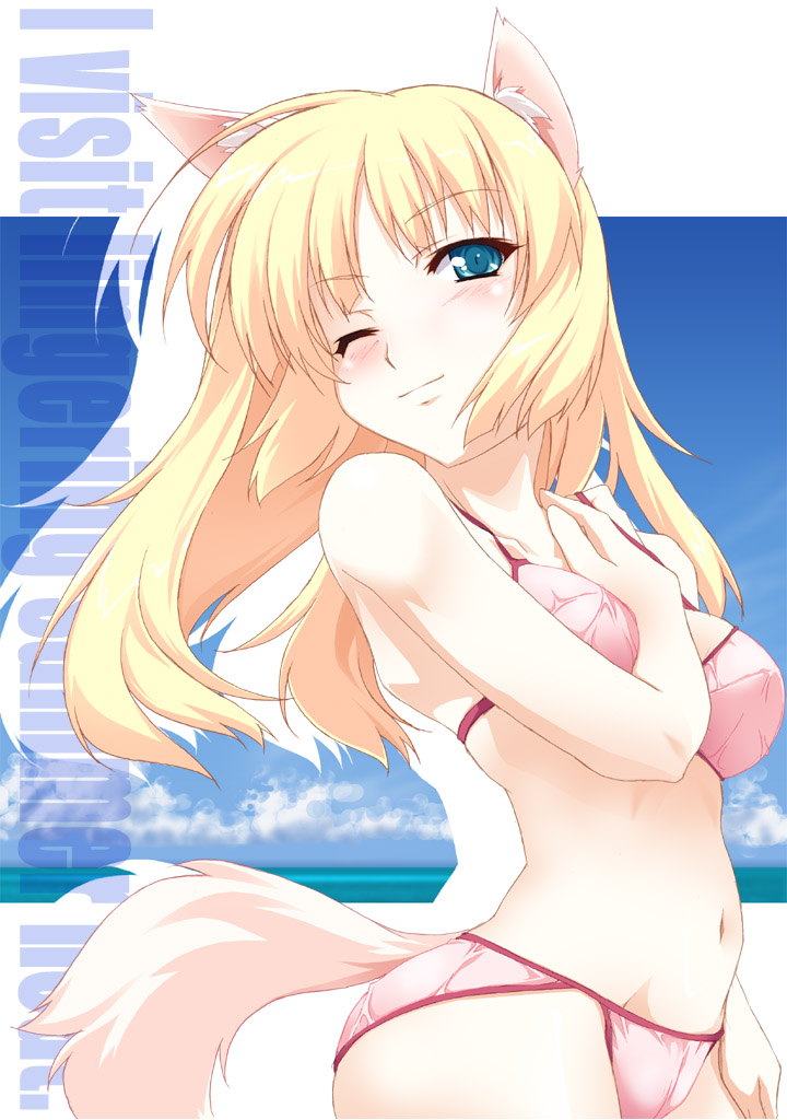 yamano sachi, original, 1girl, animal ears, bikini, blonde hair, female focus, green eyes, one eye closed, solo, swimsuit, tail, wink, wolf ears, wolf tail