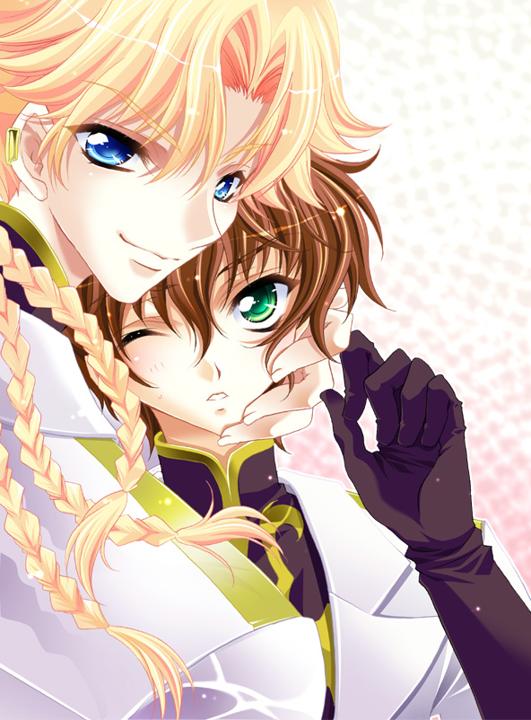 fukai maro, fukaimasa, gino weinberg, kururugi suzaku, code geass, bad id, bad pixiv id, 00s, 2boys, blonde hair, blue eyes, braid, brown hair, elbow gloves, gloves, green eyes, head on another's shoulder, hug, male focus, multiple boys, upper body, white background, wince