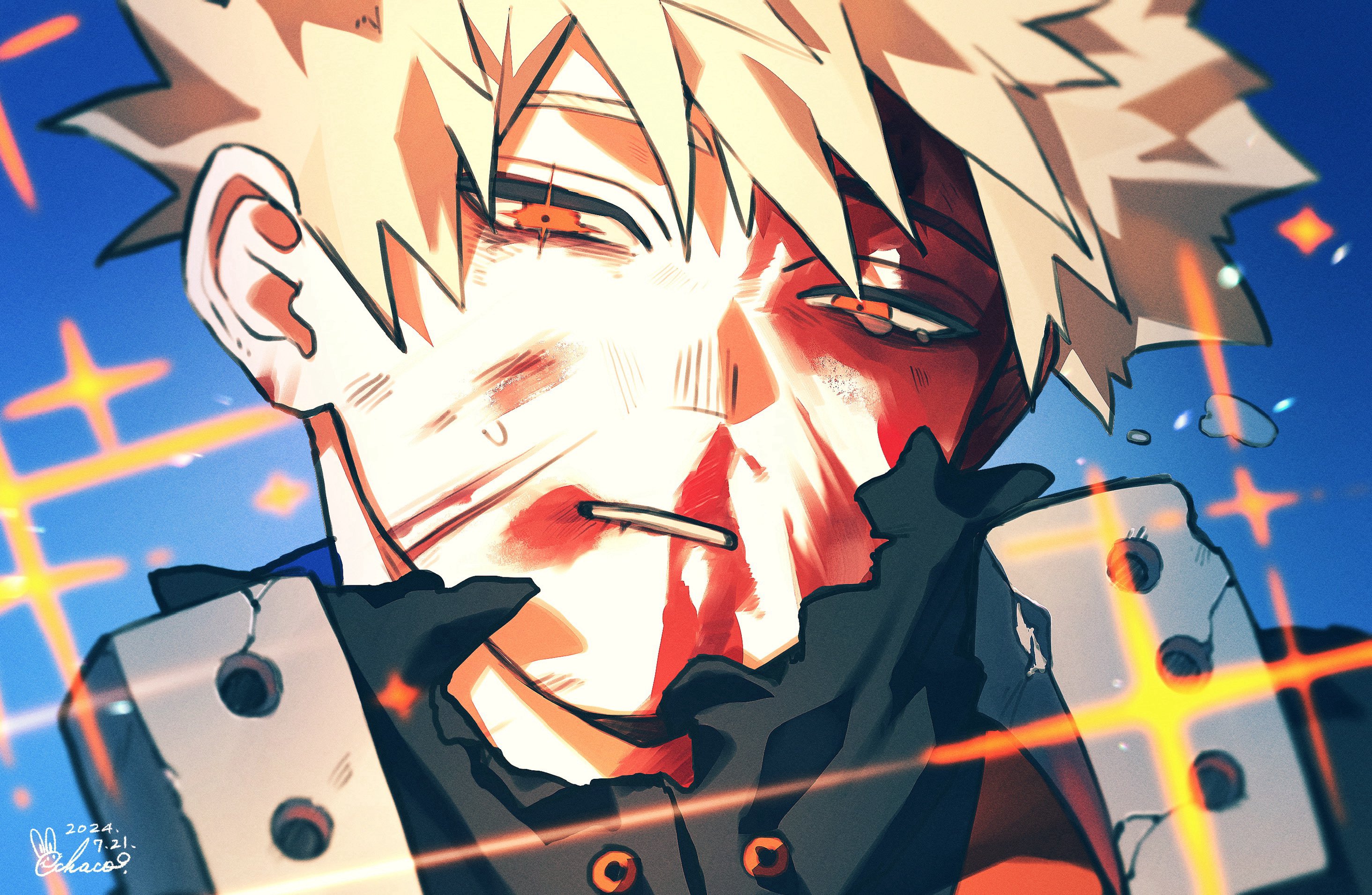 chacha (ochaco gnsn), bakugou katsuki, boku no hero academia, commentary request, highres, black shirt, blonde hair, blood, blood on face, blue background, injury, looking at viewer, parted lips, red eyes, shirt, short hair, sparkle, spiked hair, sweat, torn clothes