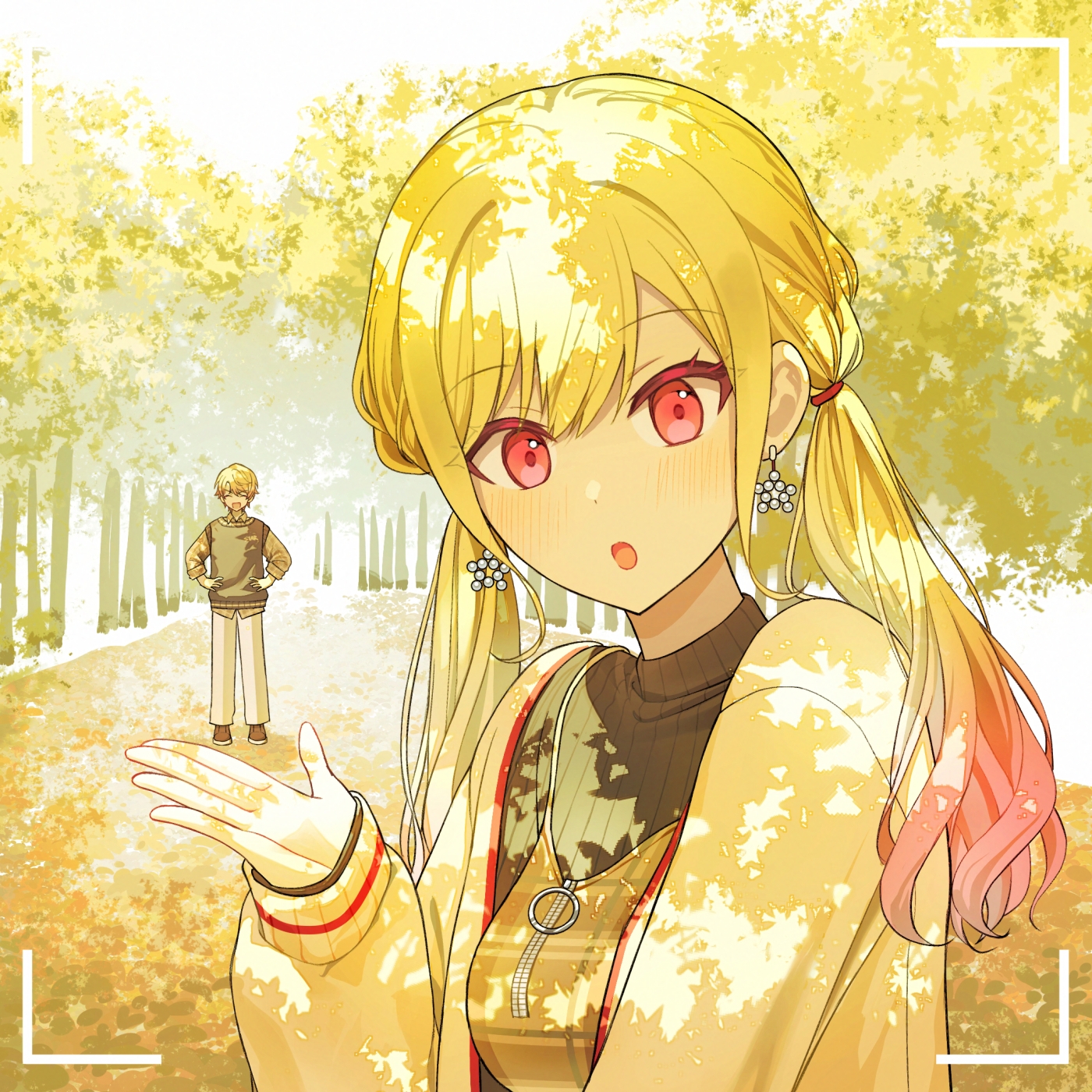 tenma saki, tenma tsukasa, kowareta sekai to utaenai miku, project sekai, highres, 1boy, 1girl, :d, :o, ^ ^, black sweater, black sweater vest, blonde hair, breasts, brother and sister, brown camisole, camisole, camisole over clothes, cardigan, closed eyes, dappled sunlight, earrings, facing viewer, forced perspective, gradient hair, hands on own hips, jewelry, long hair, looking at viewer, low twintails, medium breasts, multicolored hair, official alternate costume, official alternate hairstyle, open cardigan, open clothes, open mouth, outdoors, pants, pink eyes, pink hair, plaid camisole, ribbed sweater, short hair, siblings, smile, star (symbol), star earrings, sunlight, sweater, sweater vest, tsusa179, twintails, viewfinder, white cardigan, white pants