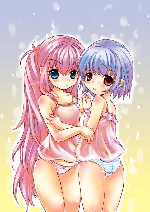 renrenzu, original, 2girls, ass, blue eyes, blush, camisole, lingerie, loli, long hair, looking back, multiple girls, panties, pink hair, purple hair, red eyes, short hair, striped clothes, striped panties, underwear, very long hair