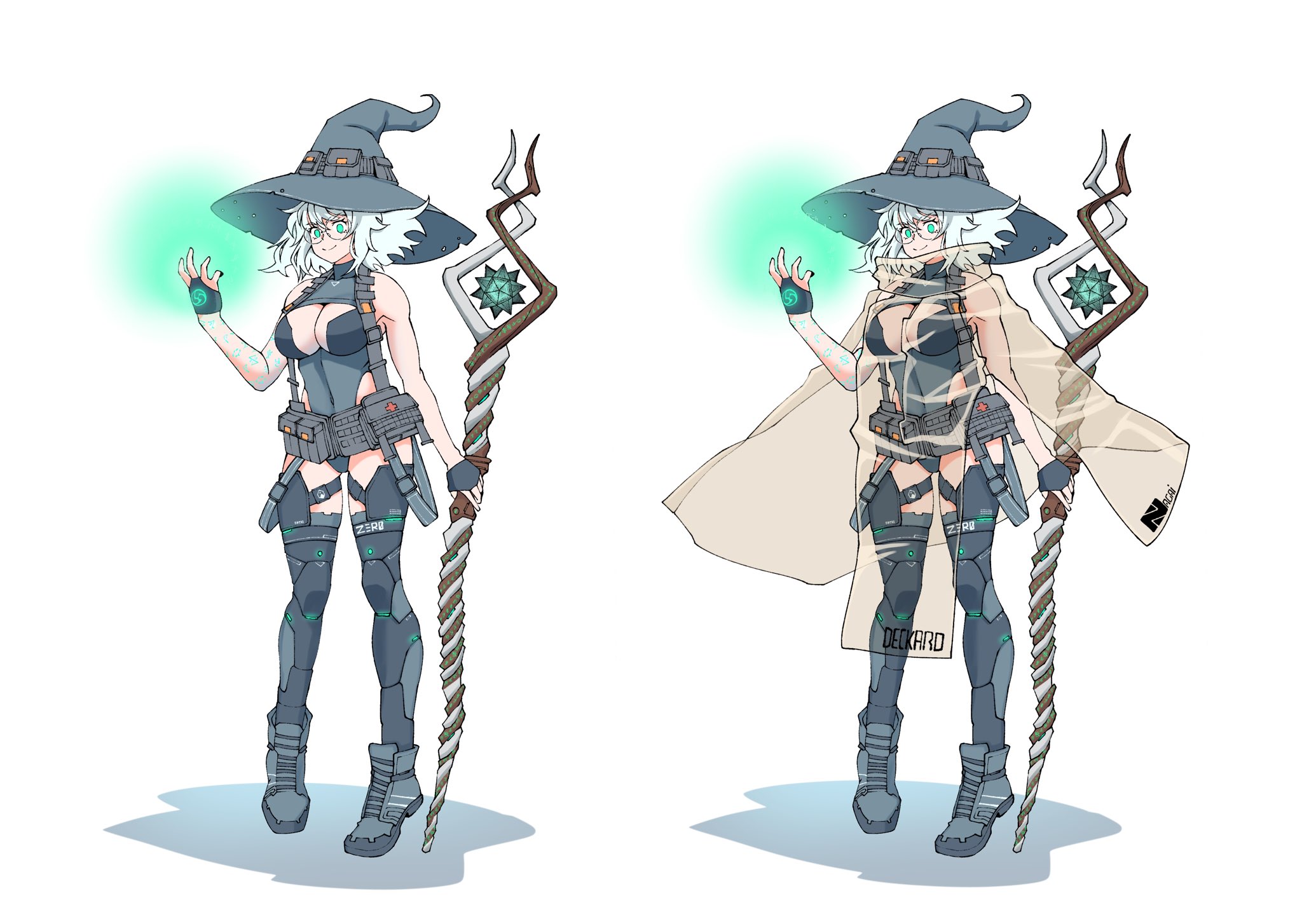 studionice2011, original, commentary, english commentary, highres, 1girl, blue boots, blue eyes, blue gloves, blue hat, blue leotard, boots, breasts, closed mouth, coat, fingerless gloves, full body, gloves, hand up, hat, holding, holding staff, large breasts, leotard, mage staff, magic, mechanical legs, multiple views, pouch, see-through clothes, see-through coat, shadow, short hair, simple background, smile, staff, standing, swept bangs, white background, white hair, witch, witch hat