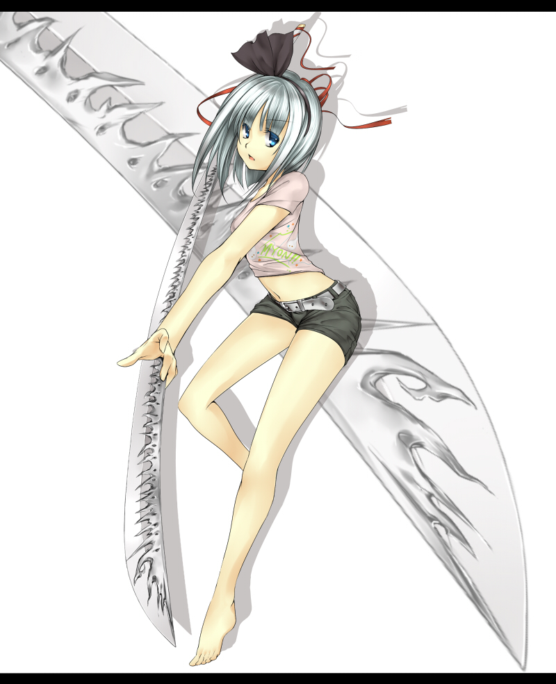 takemori shintarou, konpaku youmu, tenjou tenge, touhou, silver hair, bad id, bad pixiv id, 1girl, alternate costume, barefoot, blue eyes, casual, contemporary, feet, female focus, hairband, katana, letterboxed, midriff, navel, ootachi, ribbon, short hair, short shorts, shorts, solo, sword, weapon