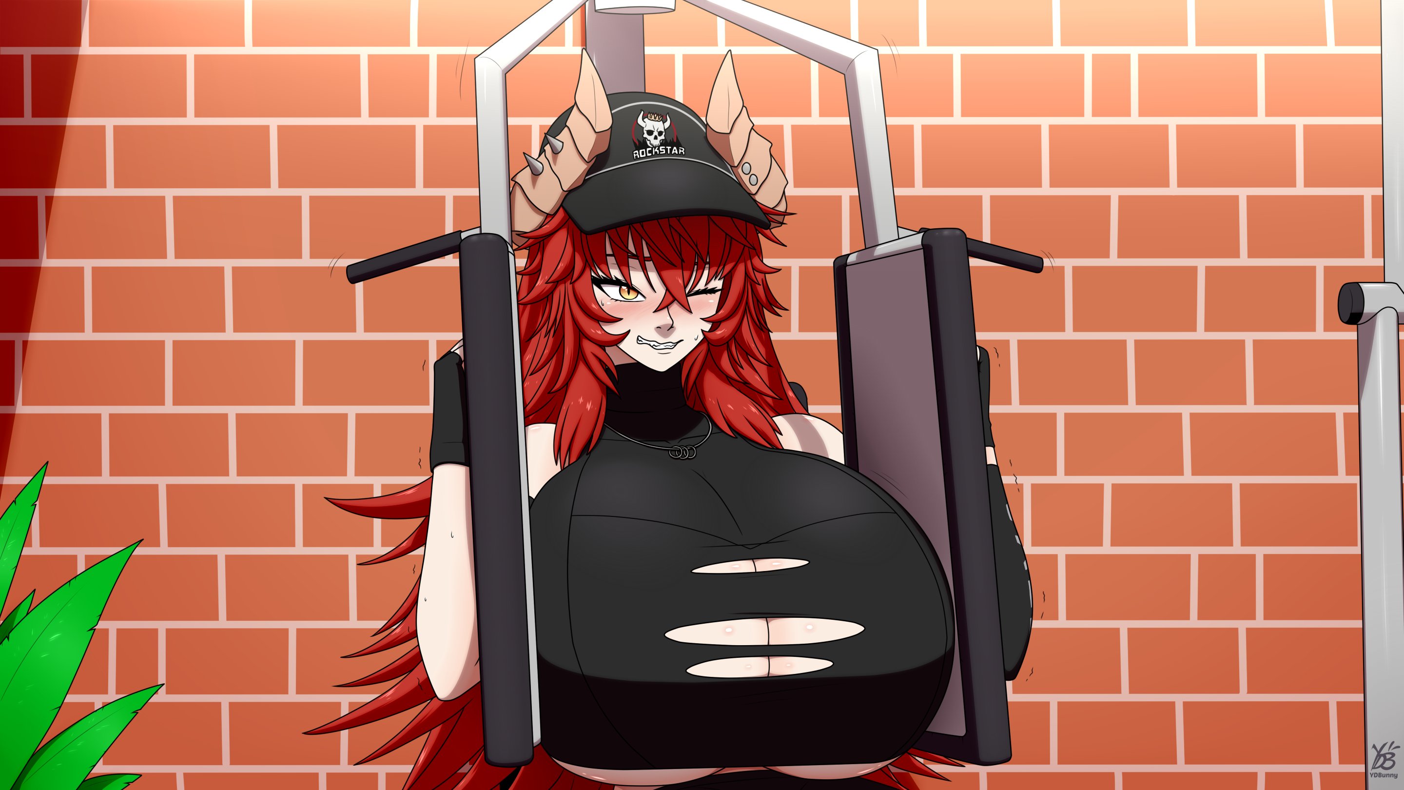 ydbunny, zentreya, zentreya (dragon), indie virtual youtuber, absurdres, highres, 1girl, blush, breasts, cleavage, female focus, fingerless gloves, gloves, hat, horns, huge breasts, long hair, one eye closed, red hair, solo, sweat, torn clothes, underboob, upper body, yellow eyes