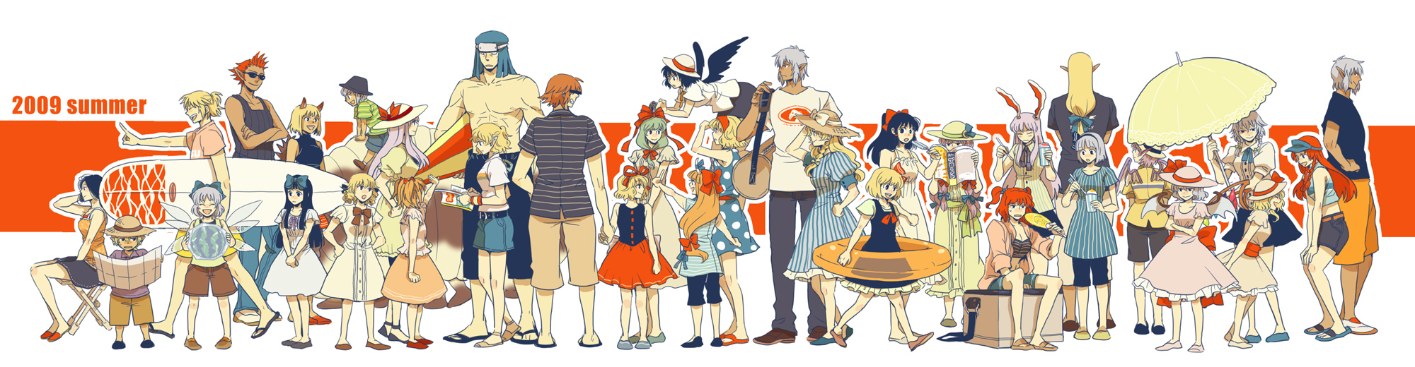 emu (losspass), emu (pixiv913663), alice margatroid, buront, cirno, elvaan, final tatsuya, flandre scarlet, hakurei reimu, hong meiling, ibuki suika, izayoi sakuya, jin fu-ha, kagiyama hina, kamishirasawa keine, kemono-sama, kirisame marisa, kitanai ninja, konpaku youmu, luna child, medicine melancholy, mithra (ff11), mizuhashi parsee, mystia lorelei, naitou, nekokari, onozuka komachi, patchouli knowledge, reisen udongein inaba, remilia scarlet, rumia, ryu-san, shameimaru aya, star sapphire, sumitaru, sunny milk, tsuufuu, usuhime, final fantasy, final fantasy xi, the iron of yin and yang, touhou, highres, long image, wide image, 00s, 6+girls, alternate costume, blonde hair, crossover, elf, everyone, multiple crossover, multiple girls, pointy ears, red eyes, summer, tarutaru