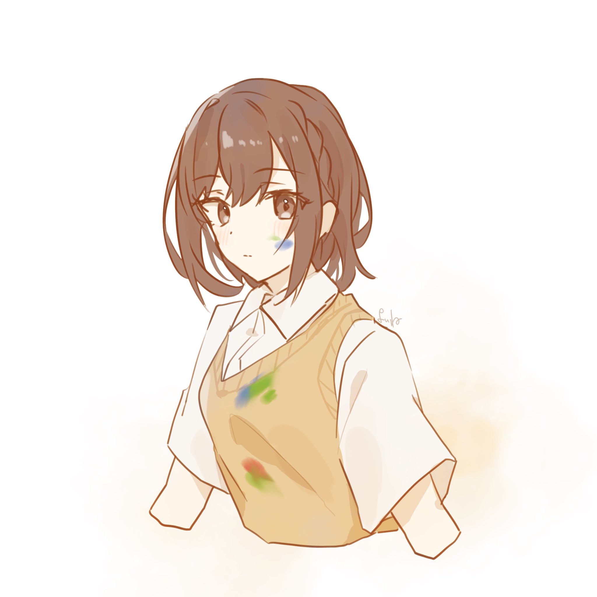 shinonome ena, project sekai, commentary request, highres, 1girl, braid, breasts, brown eyes, brown hair, brown sweater vest, closed mouth, collared shirt, cropped arms, cropped torso, dot nose, from side, light blush, looking at viewer, medium breasts, paint on clothes, paint splatter, paint splatter on face, shirt, short hair, short sleeves, side braid, sidelocks, signature, simple background, solo, sweater vest, turning head, upper body, white background, white shirt, wide sleeves, yoinee