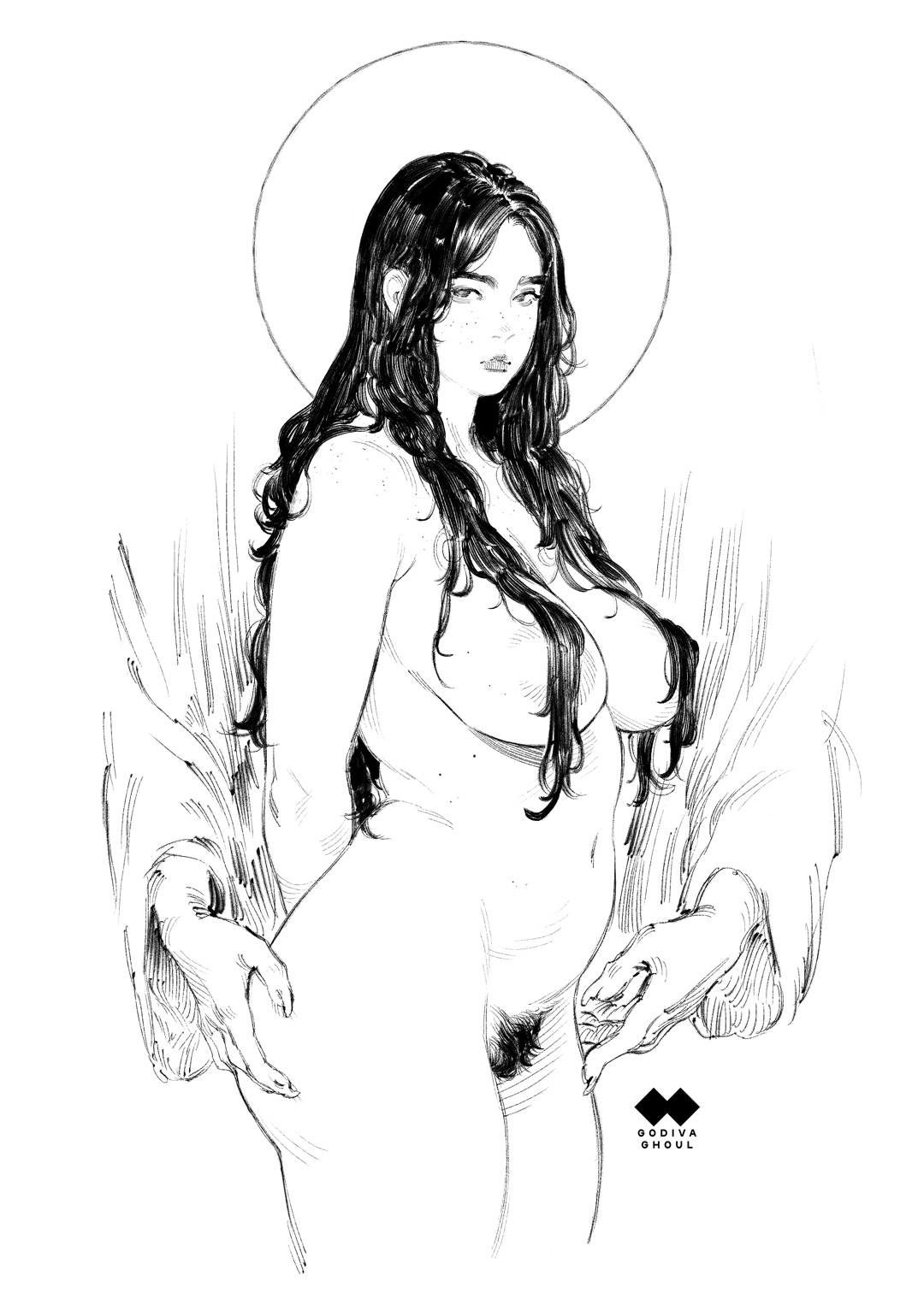 godiva ghoul, original, commentary, english commentary, highres, 1girl, arms behind back, artist logo, artist name, ass, blending, breasts, circle, closed mouth, completely nude, cropped legs, disembodied arm, female pubic hair, fingernails, forehead, freckles, greyscale, hair censor, hair over breasts, hair over shoulder, hands on another's ass, hatching (texture), large areolae, large breasts, lips, logo, long fingernails, long hair, looking at viewer, mature female, mole, monochrome, multiple moles, navel, nipples, nostrils, nude, parted hair, plump, pout, pubic hair, sagging breasts, sharp fingernails, simple background, sketch, solo, standing, stomach, white background